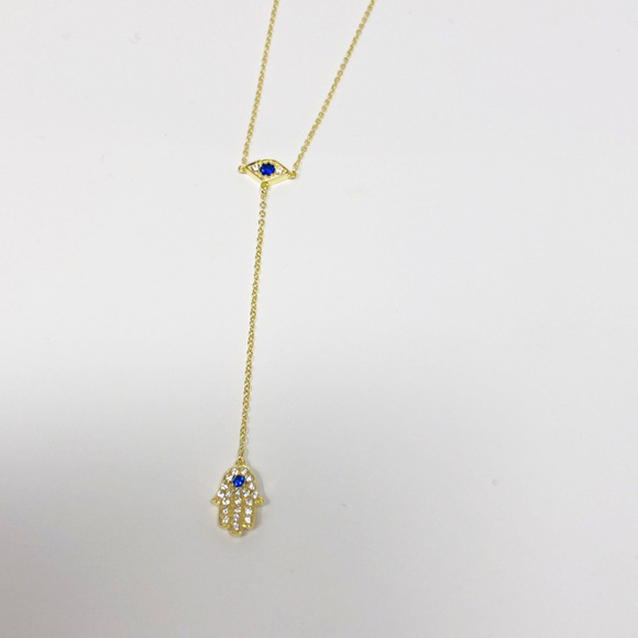 Gold Silver Evil Eye with Dropped Hamsa Necklace - Picture 4 of 7